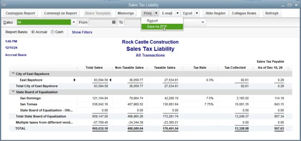 Sales Tax Liability window